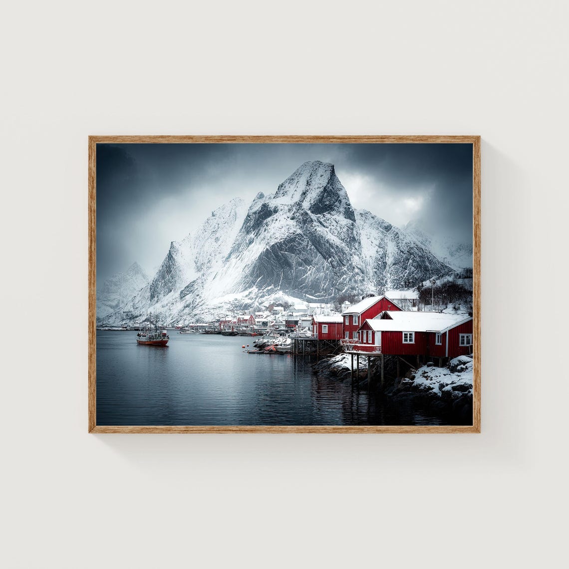 Reine Norway Lofoten Red Cabins Snowy Arctic Winter Wall Art