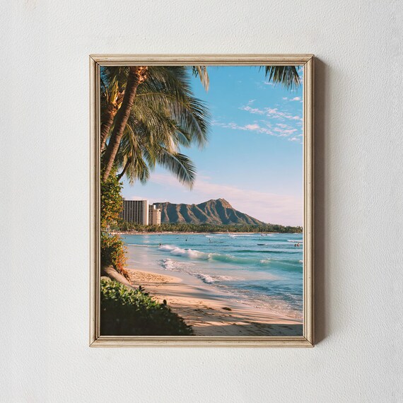 Waikiki Beach Diamond Head Palm Trees Retro Hawaii Art Poster
