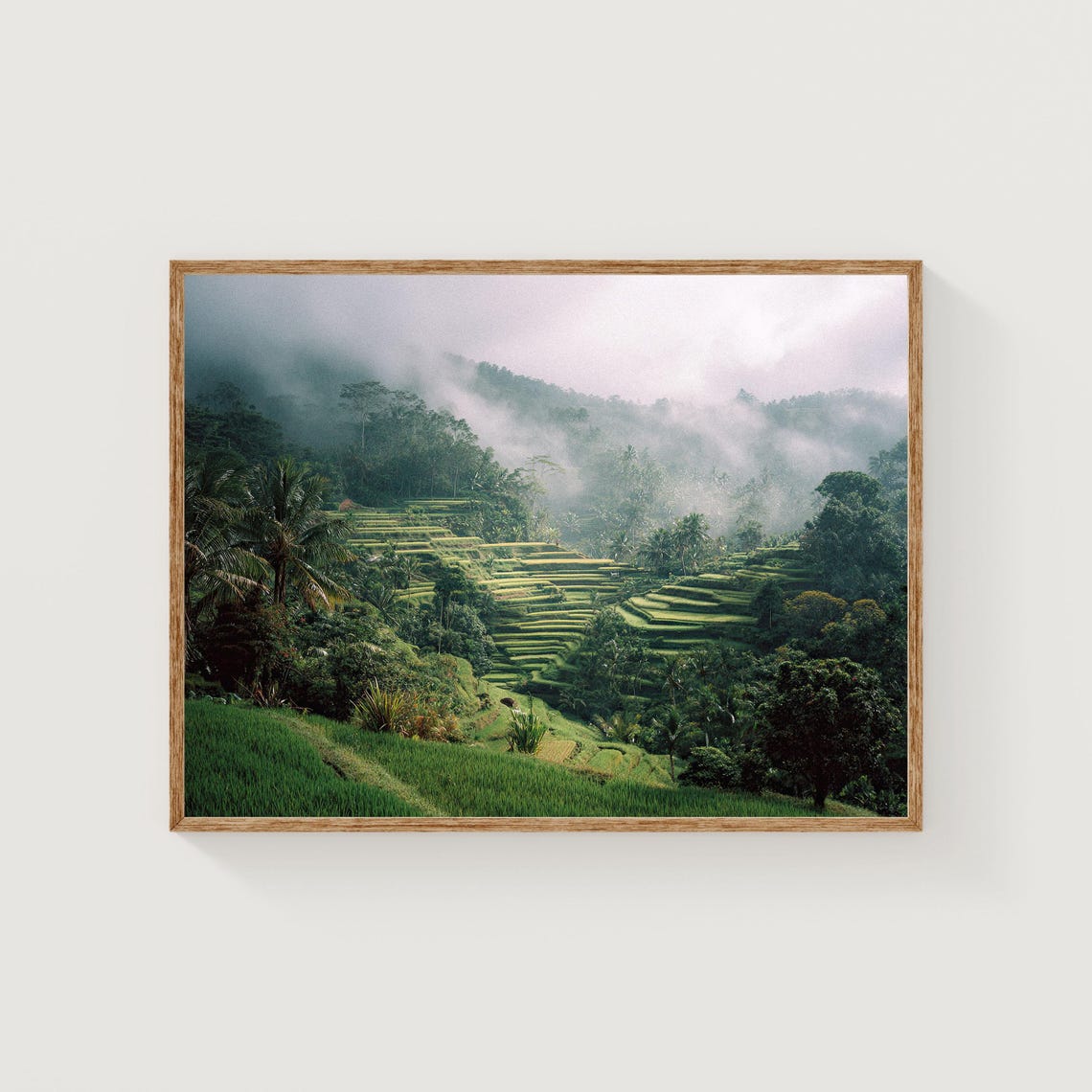 Serene Bali Tropical Rice Terraces Misty Jungle Green Landscape Print