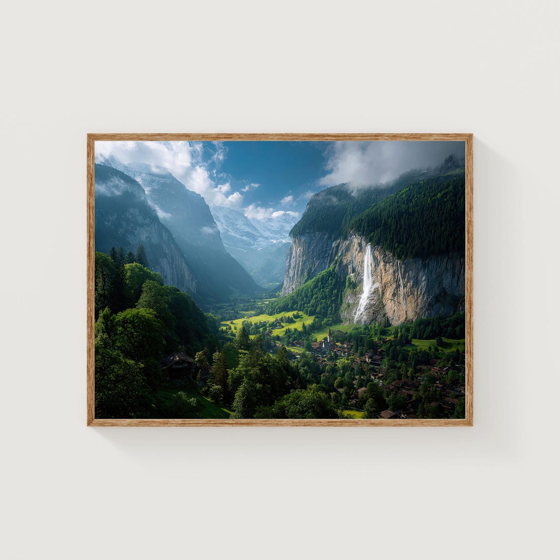 Lauterbrunnen Valley Waterfall Green Cliffs Alpine Meadow Poster