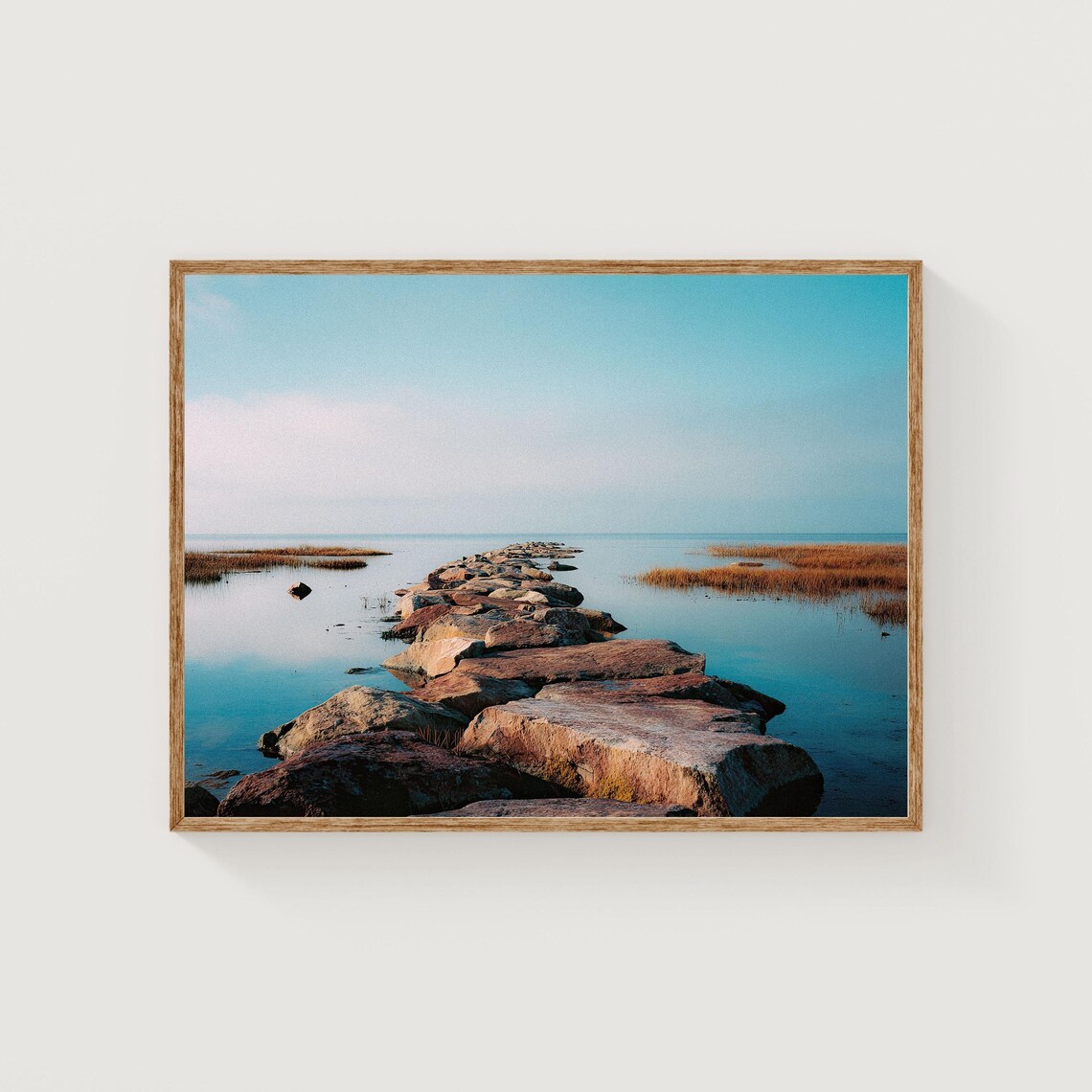 Rocky Stone Causeway Across Calm Water Pastel Landscape Poster