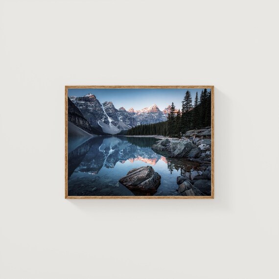 Moraine Lake Blue Hour Reflection Rocky Shoreline Photo Poster