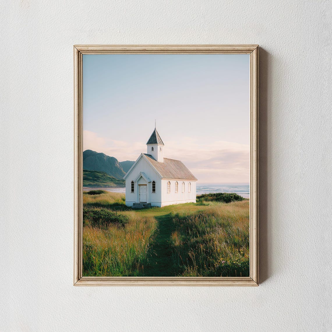 White Wooden Church Nordic Coast Wild Grass Summer Landscape Poster