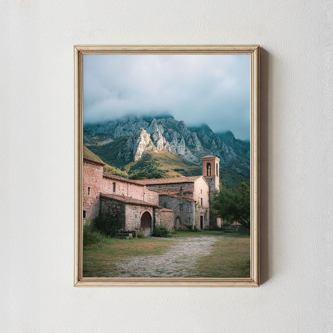 Old Stone Village Mountain Church Misty European Scenic Poster