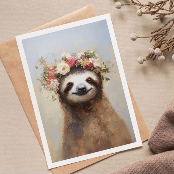 Sloth With Flower Wreath Poster Animal Portrait As Oil Painting Sloth Emil