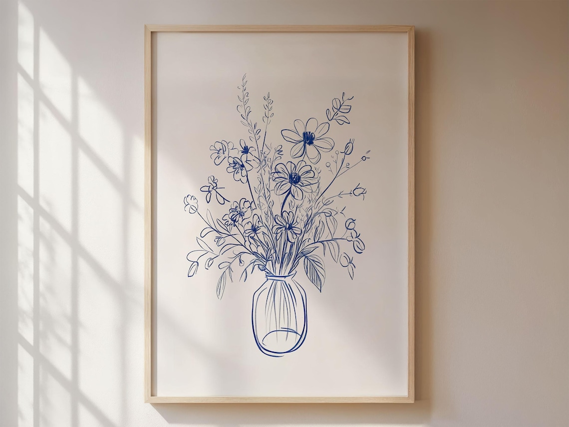 Blue Flowers Poster, Scandinavian Line Art Still Life