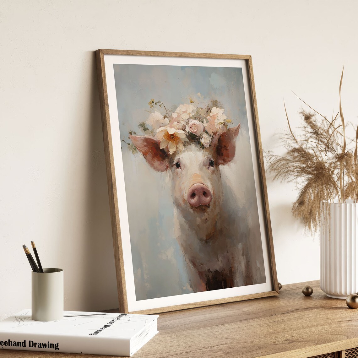 Anna the Pig with Flower Wreath Oil Painting - Image 3
