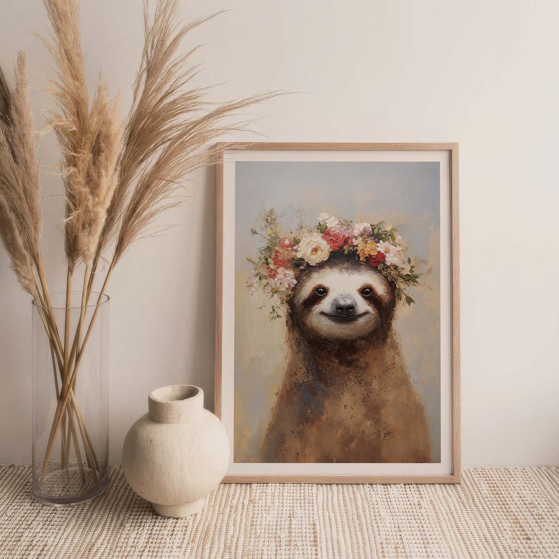 Sloth With Flower Wreath Poster Animal Portrait As Oil Painting Sloth Emil - Image 2