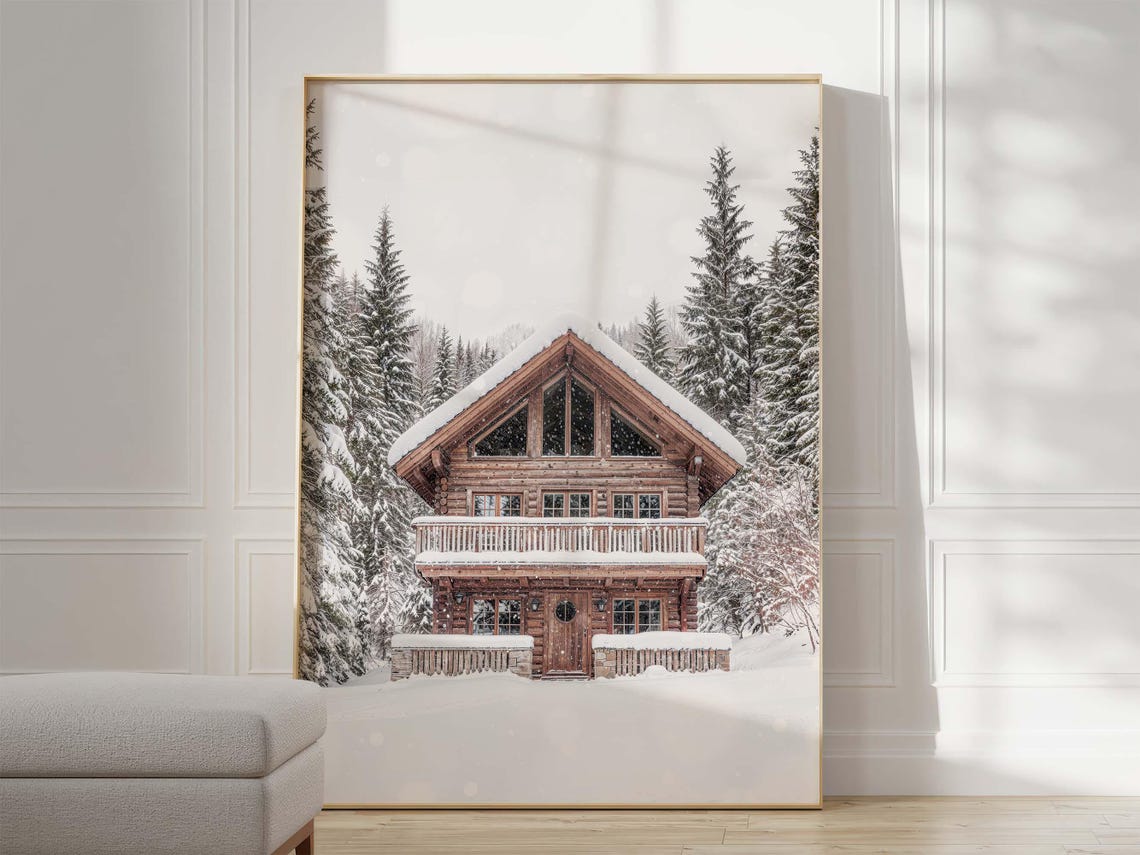 Snow Covered Log Cabin in Pine Forest Winter Photo Art Print - Image 3