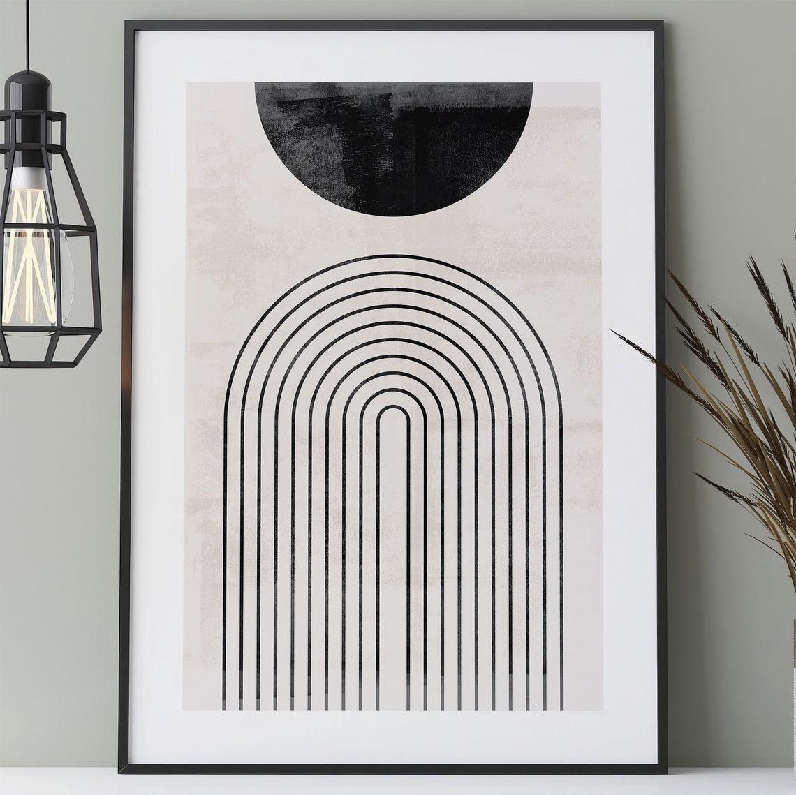 Boho Abstract Arch Lines Black Circle Minimal Beige Wall Poster