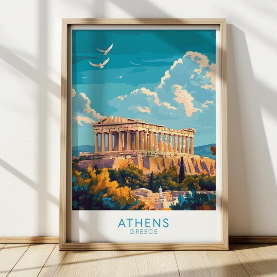 Athens Greece Parthenon Acropolis Blue Sky Vintage Travel Poster