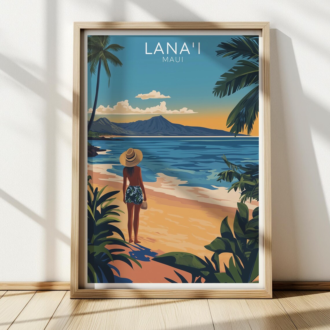 Lanai Maui Hawaii Travel Poster, Tropical Beach Sunset