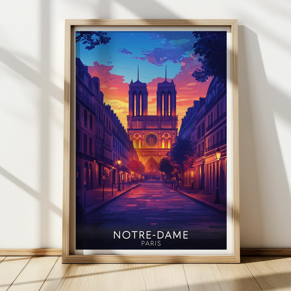 Notre Dame Paris Sunset Street Cathedral Vintage Travel Poster