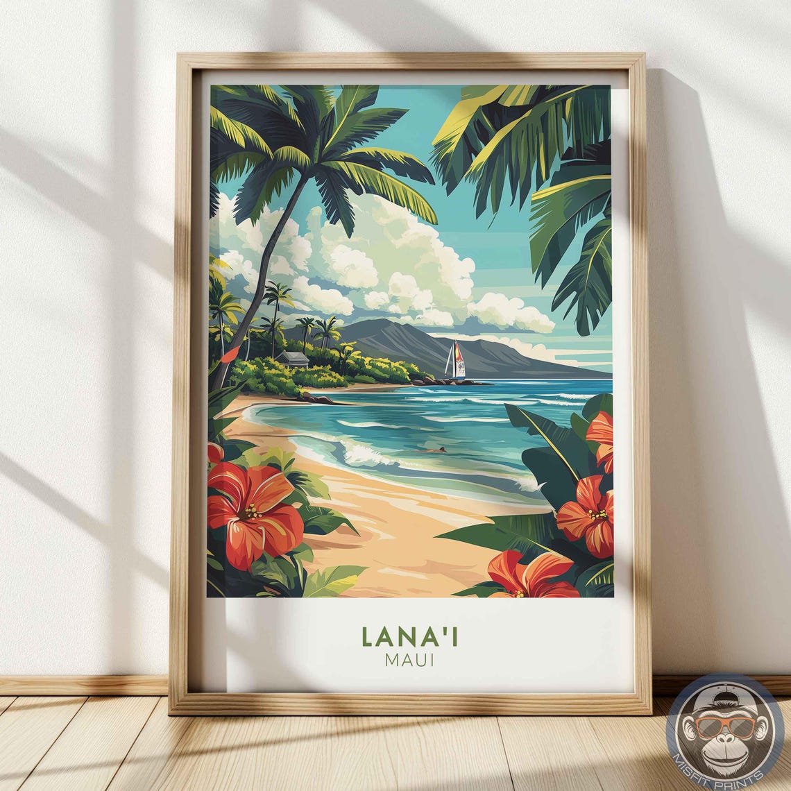 Lanai Maui Tropical Beach Hibiscus Palms Sailboat Travel Poster