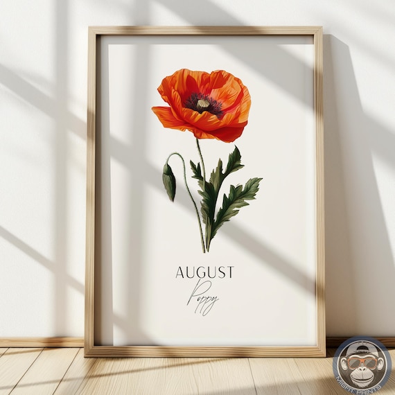 Poppy Art Print August Birth Flower Vintage Botanical Illustration