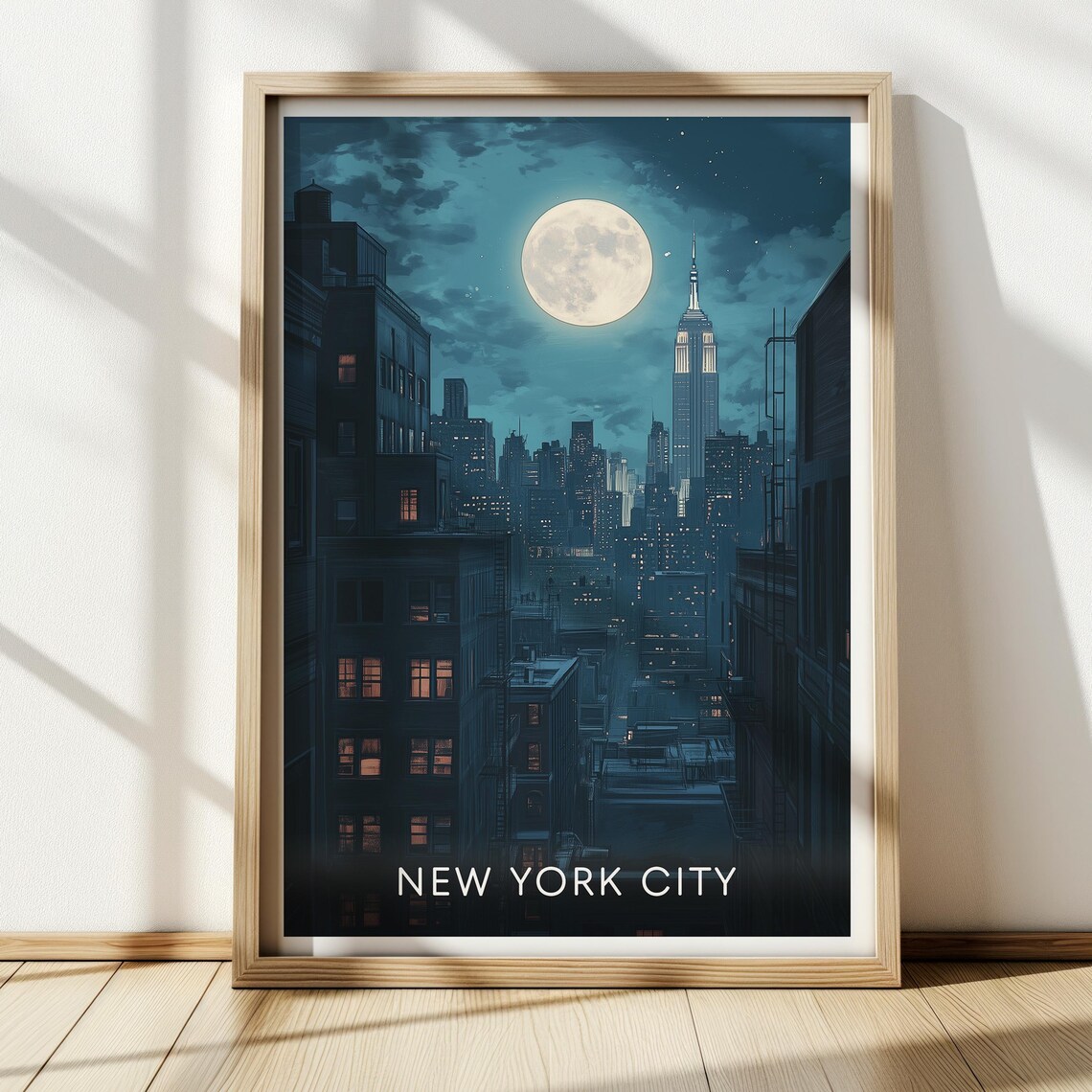 New York City Night Full Moon Empire State Skyline Travel Poster