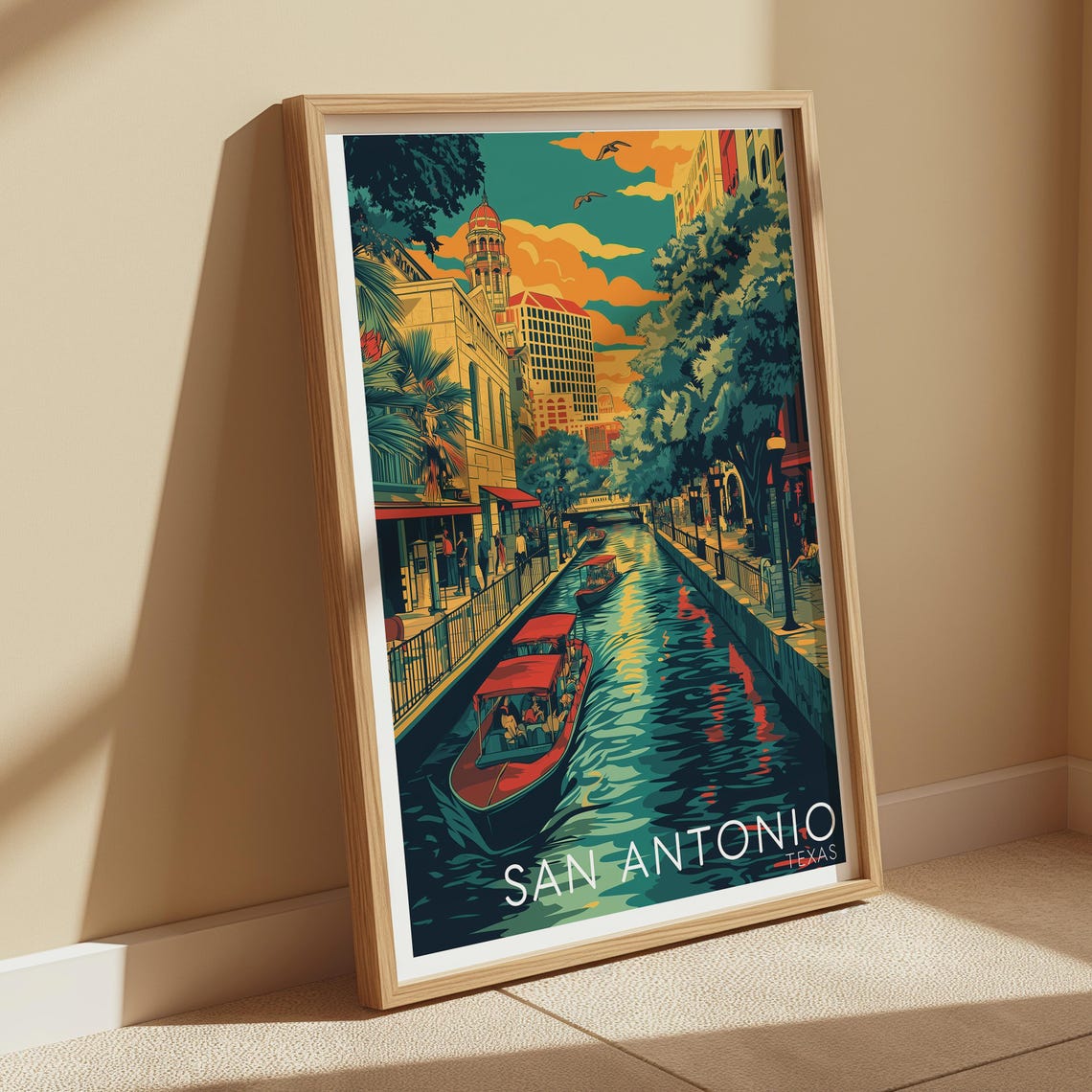 San Antonio Texas River Walk Boat Ride Vintage Travel Poster