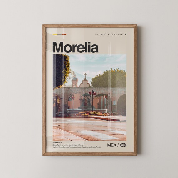 Morelia Mexico Travel Poster With Aqueduct Plaza And Fountain Photo