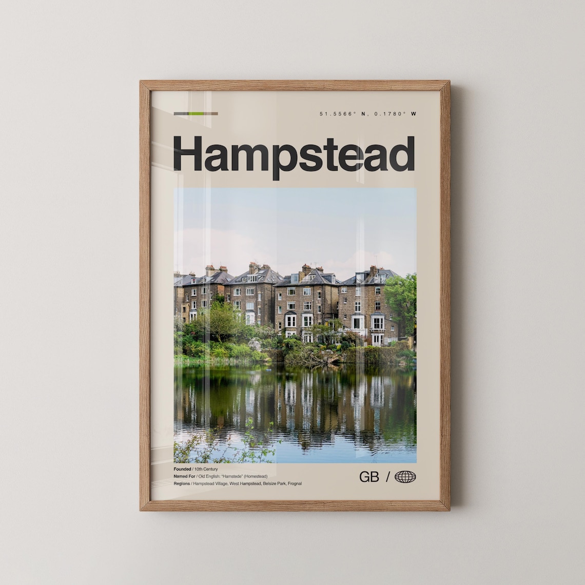 Hampstead London Victorian Houses Pond Reflection Map Travel Poster