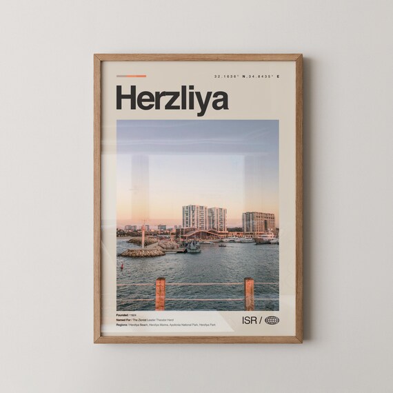 Herzliya Israel Travel Poster Marina Sunset Waterfront Photo Art