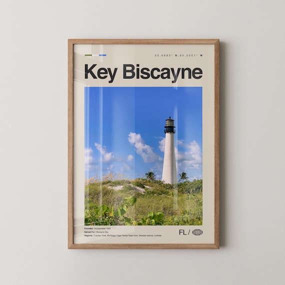 Key Biscayne Florida Travel Poster Lighthouse Scene Vintage View