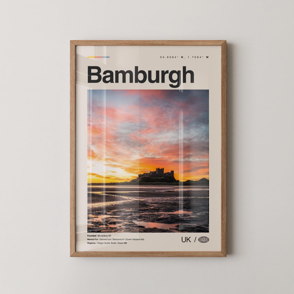 Bamburgh England Castle Sunset Beach Minimalist UK Travel Poster
