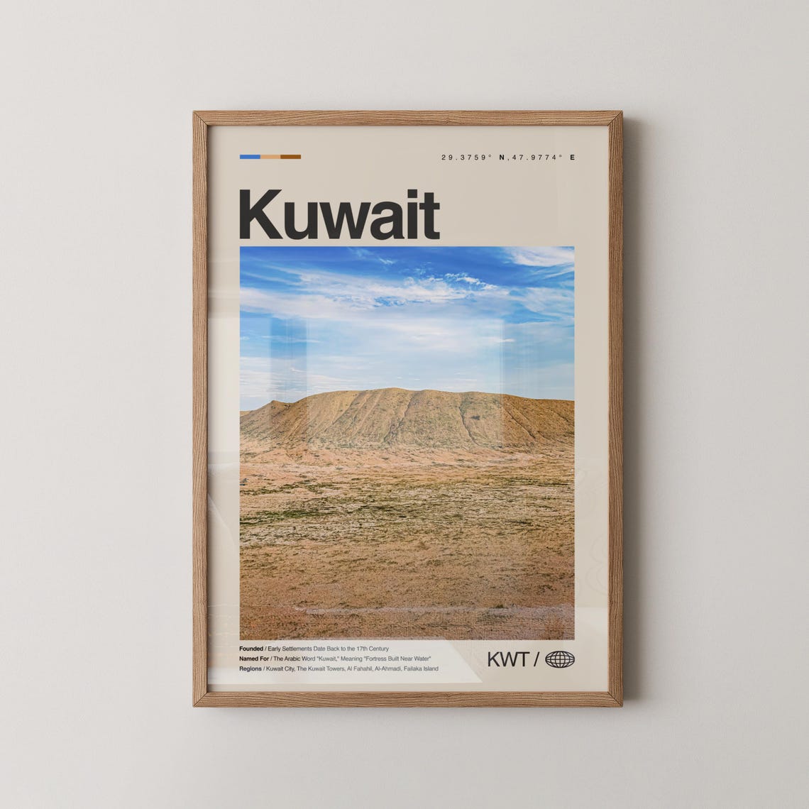 Kuwait Desert Hills Photo Poster with Coordinates and Country Facts