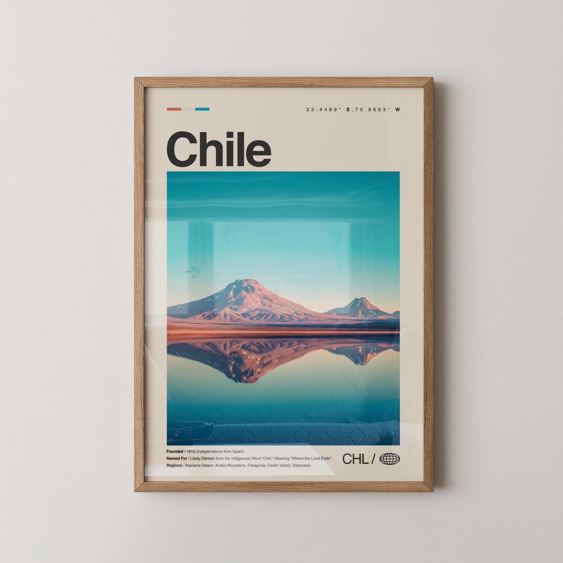 Chile Andes Volcano Lake Mirror Reflection Minimal Country Photo Poster