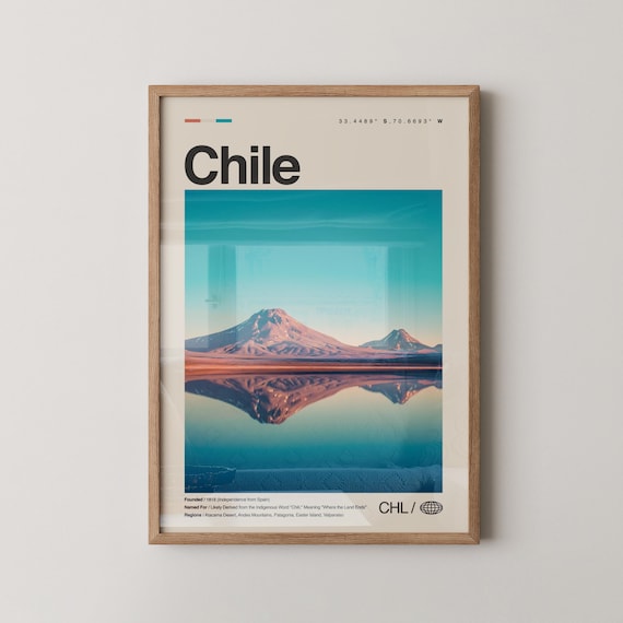 Chile Andes Volcano Lake Mirror Reflection Minimal Country Photo Poster