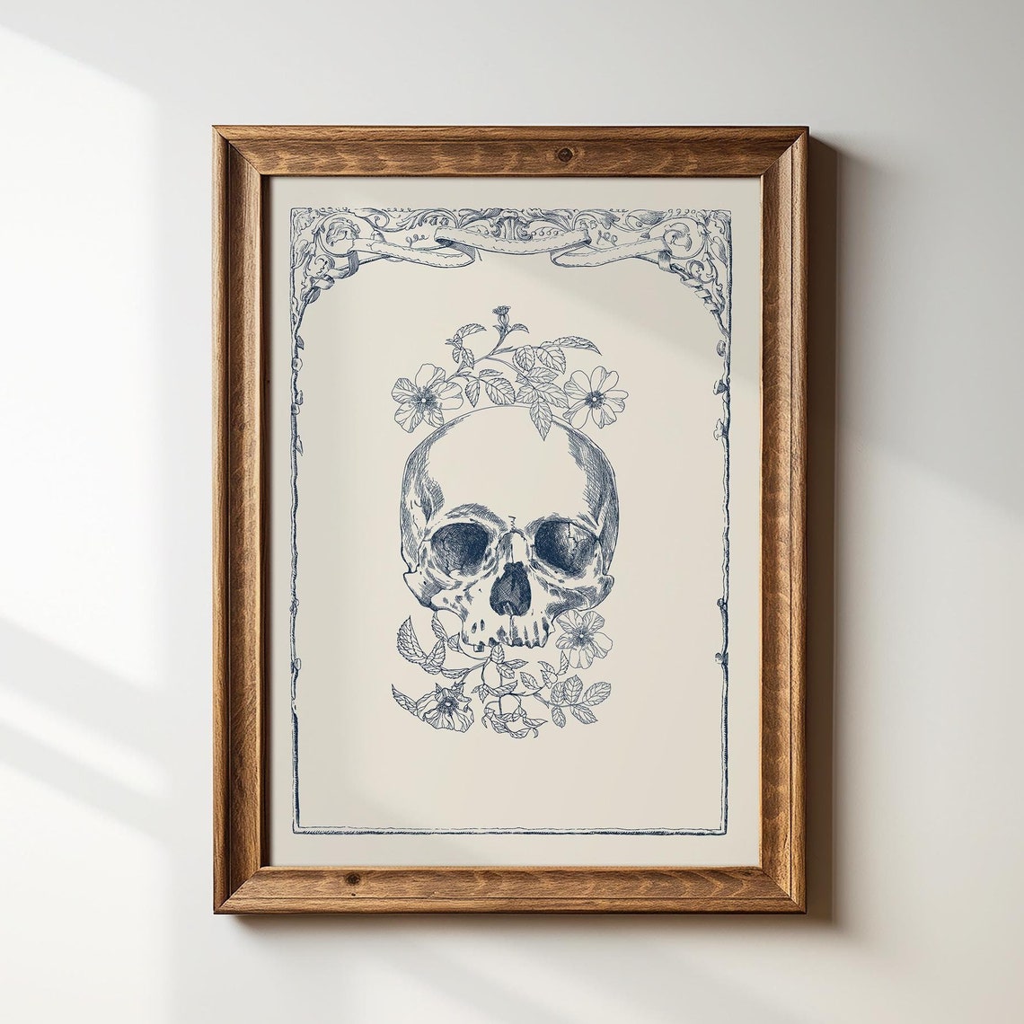 Vintage Skull Blooming Flowers Botanical Gothic Engraving Poster