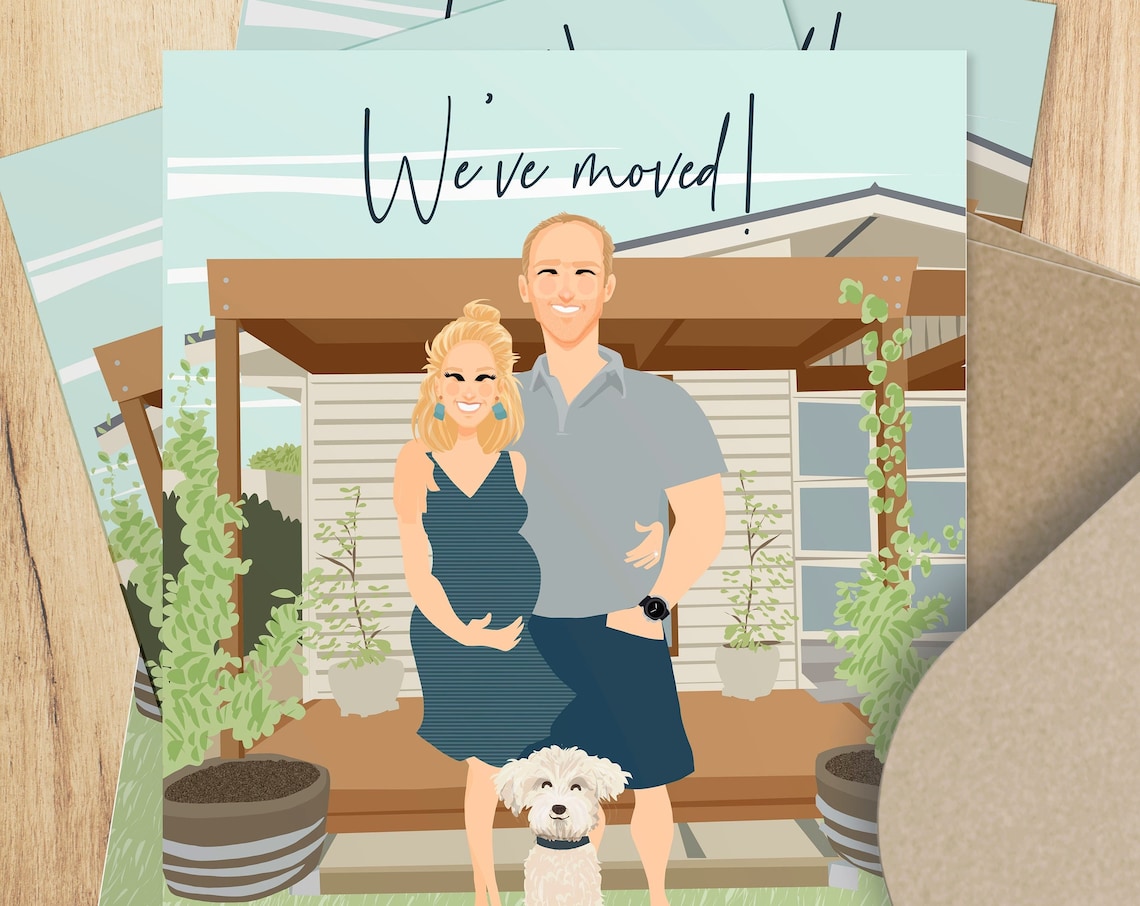 Custom Illustrated Moving Announcement Card With Couple and Dog Poster