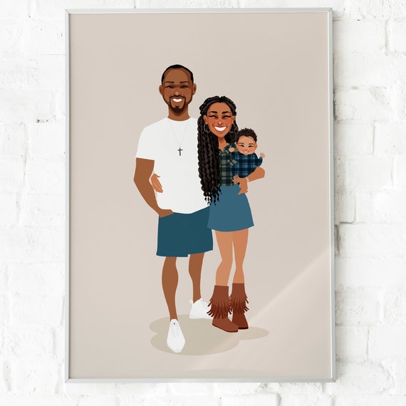 Custom Illustrated Family of Three Portrait With Baby on Beige Poster