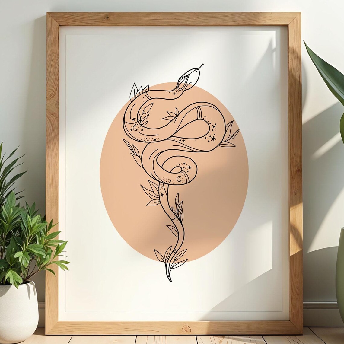 Mystical Peach Serpent Line Art Poster Bohemian Snake Illustration