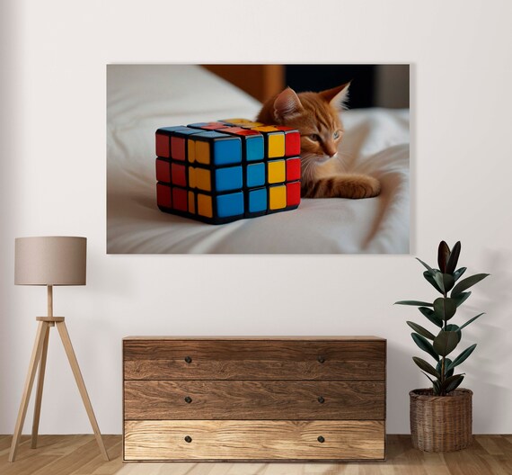 Orange Cat Hide In Rubik Cube Poster Set Of 1 Image Home Artwork Cute Feline Illustration Cats Lovers