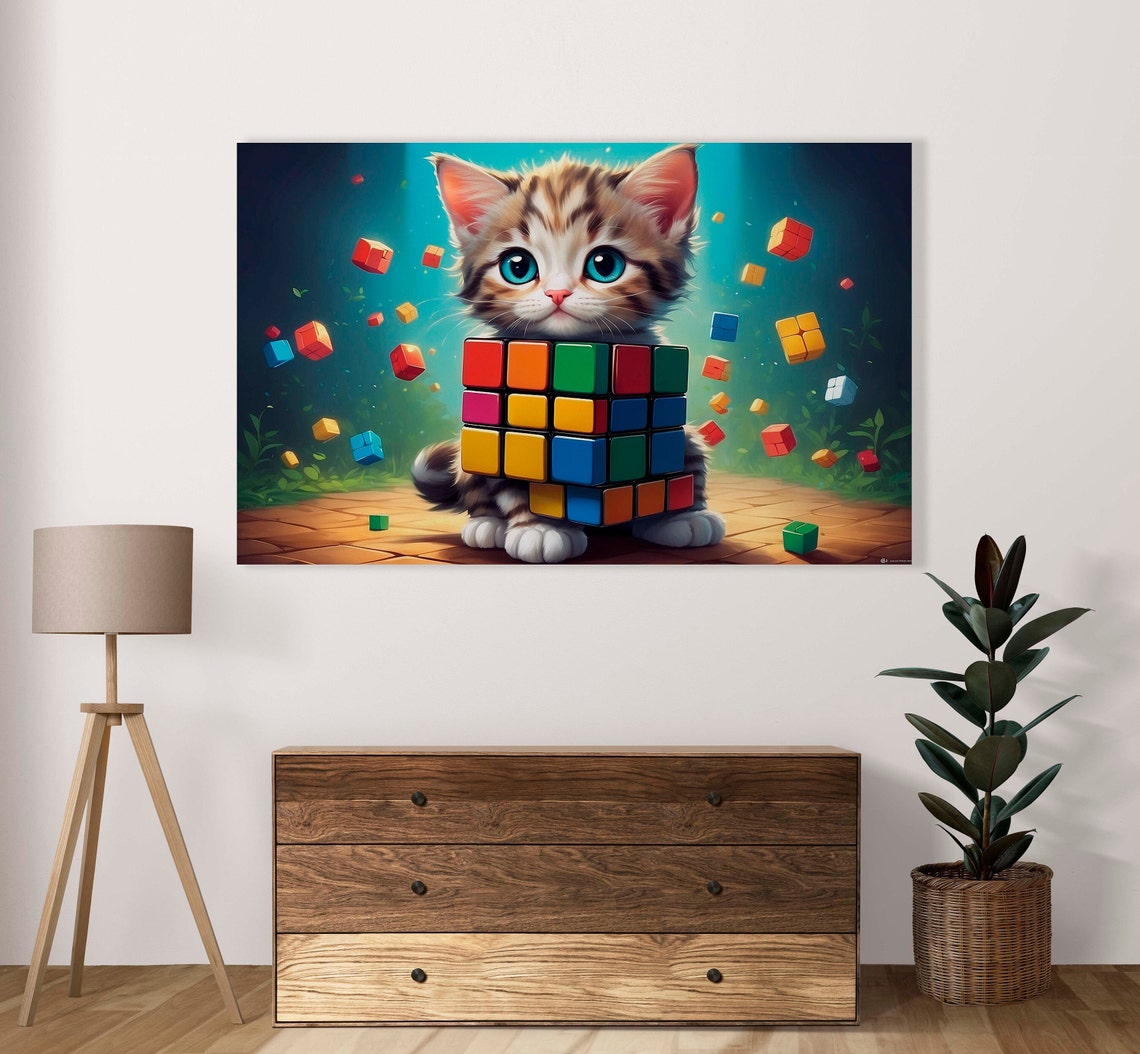 Blue Eyed Cartoon Kitten Holding Rubiks Cube Explosion Poster