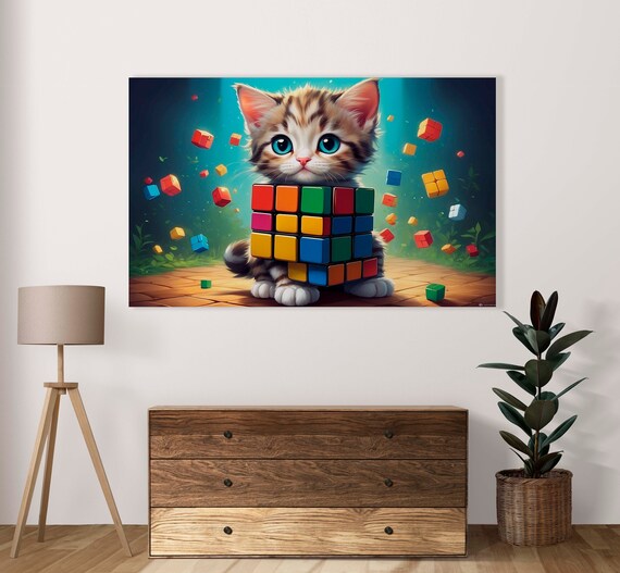 Blue Eyed Cartoon Kitten Holding Rubiks Cube Explosion Poster