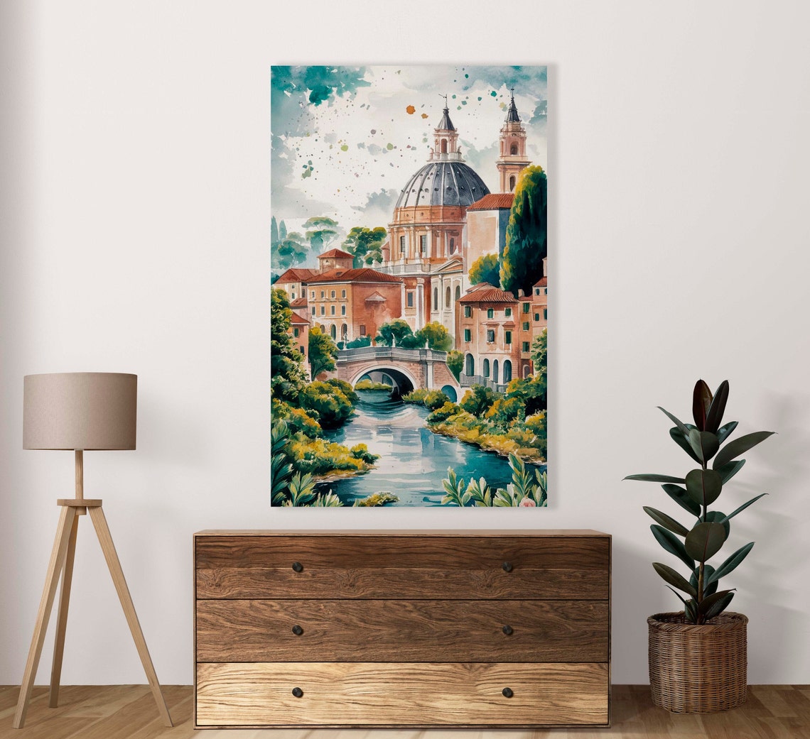 Charming European Village With Domed Church Watercolor Poster