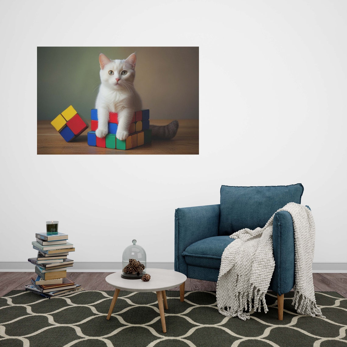 White Kitten Holding Rubik's Cube Blocks Cute Cat Photo Poster - Image 2