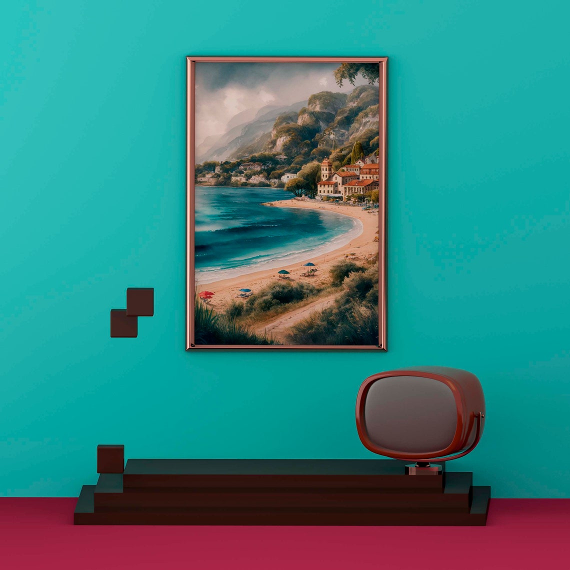 Curved Sandy Beach With Hillside Coastal Town Watercolor Poster - Image 2