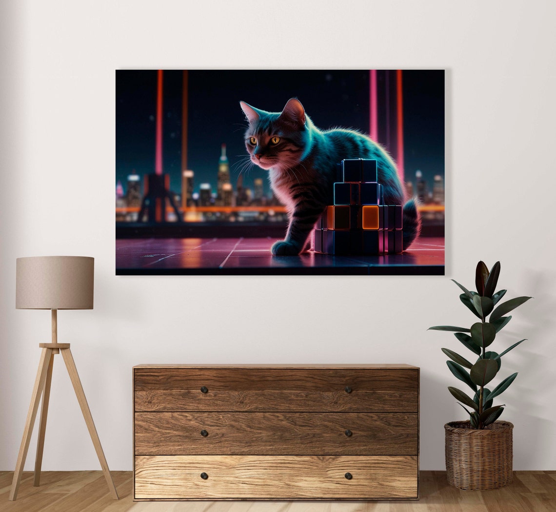 Tabby Cat With Glowing Cubes Under Neon Night City Lights Poster