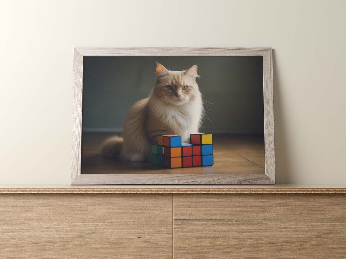 Cream Longhair Cat By Rubik Cube Blocks Moody Photo Art Poster - Image 2