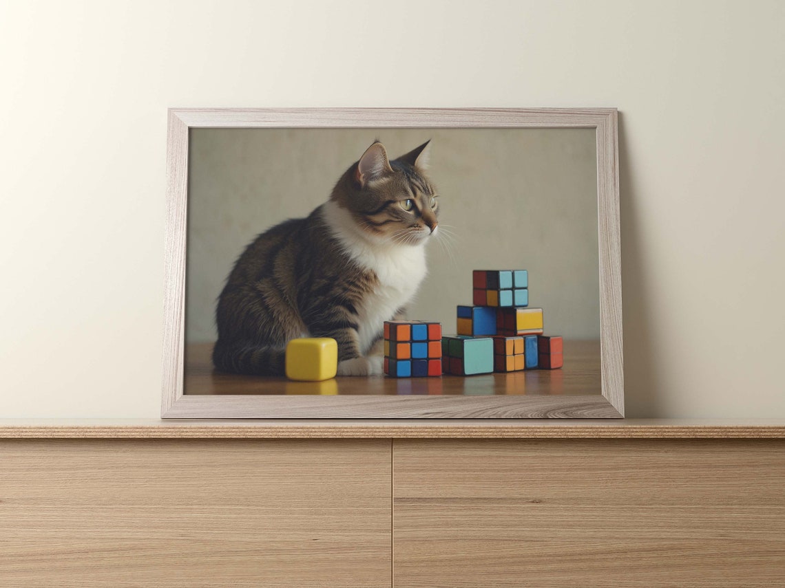Tabby And White Cat Beside Rubik Cube Blocks Photo Art Poster - Image 2