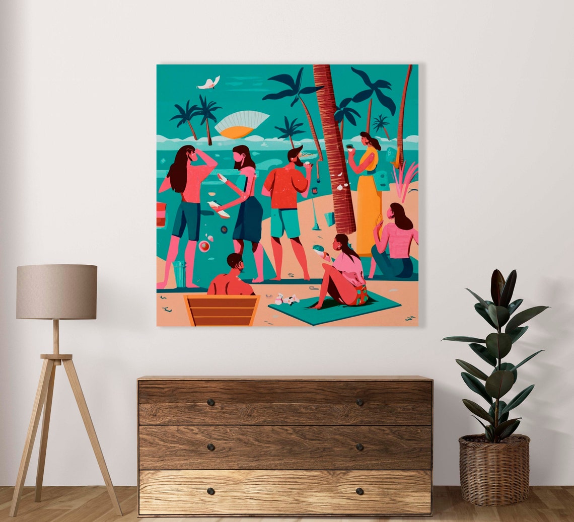 Friends Enjoying a Sunny Tropical Beach Day Illustration Poster