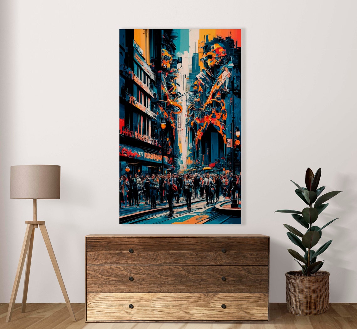 Crowded City Street Abstract Graffiti Urban Night Artwork Poster