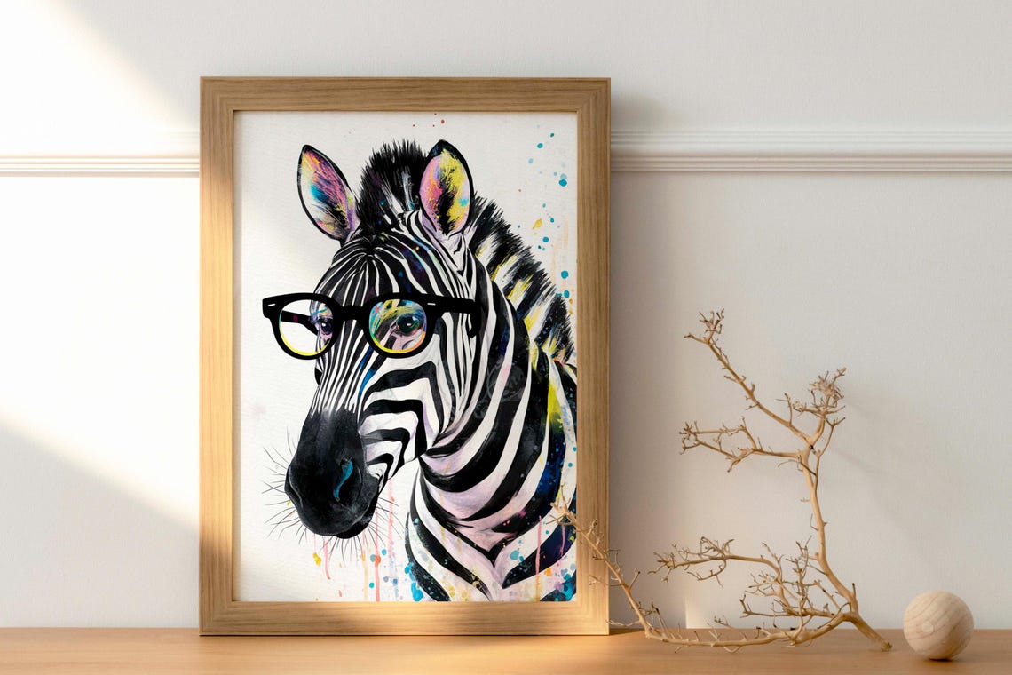 Zebra Wearing Round Glasses Watercolor Funny Animal Art Poster - Image 2