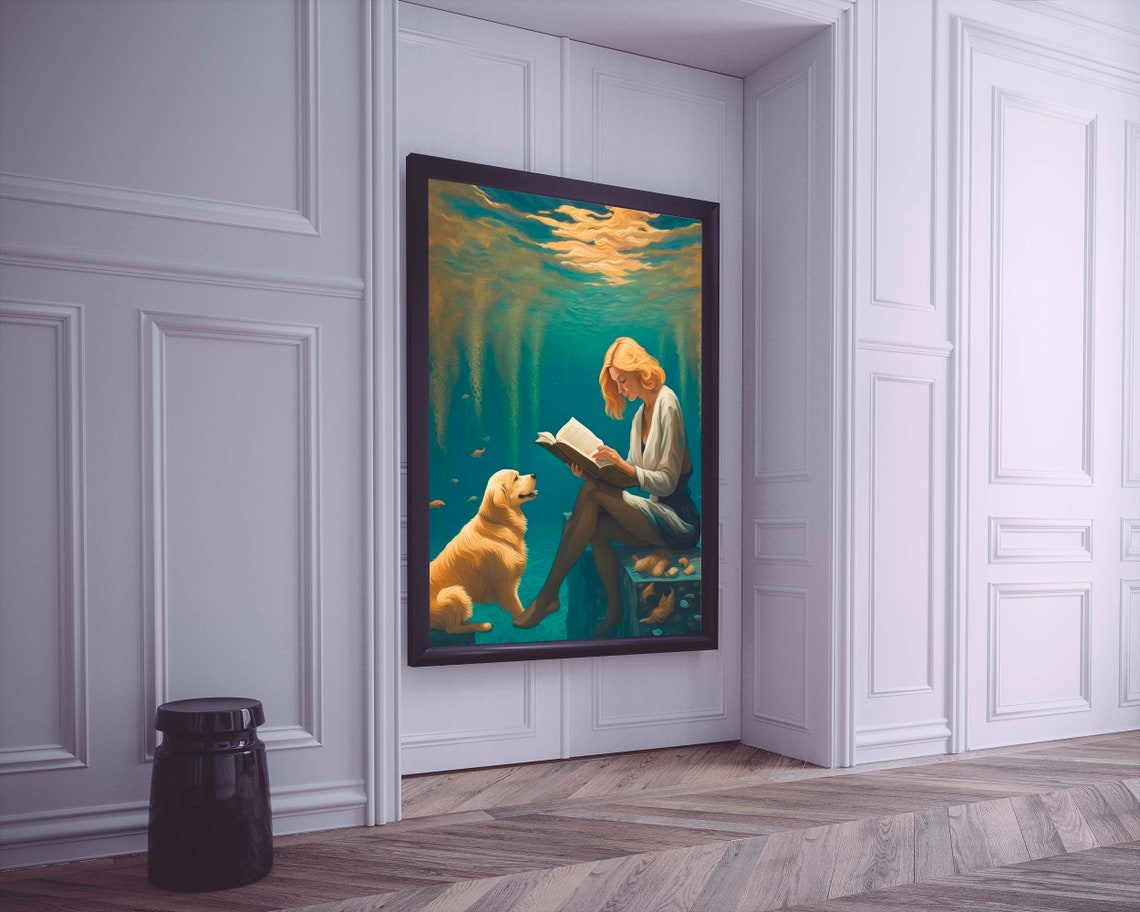 Woman Reading A Book Underwater With Golden Retriever Art Poster - Image 2