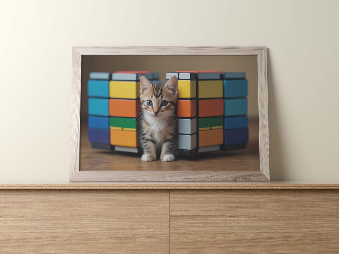 Cute Kitten Escaping Cubes Poster Of 1 Image Home Art Decor Gray Kitty Between Cubes Illustration Art - Image 2