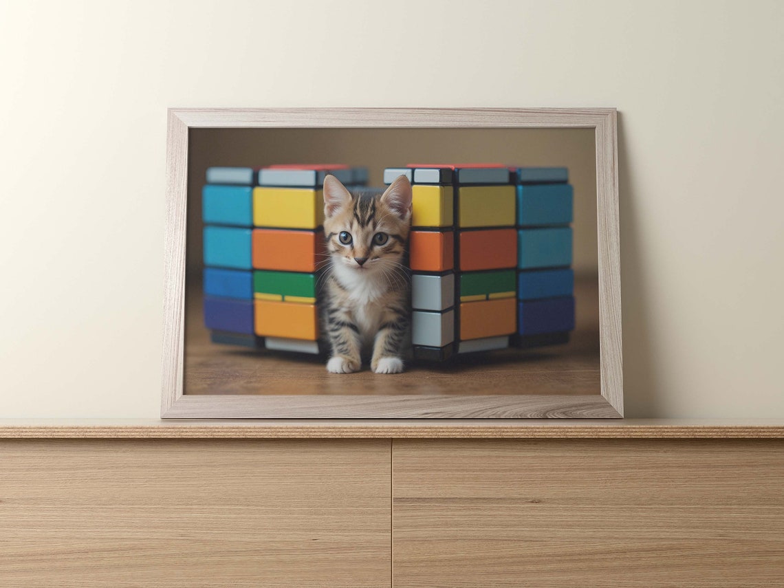 Tabby Kitten Peeking Between Colorful Puzzle Cube Blocks Poster - Image 2