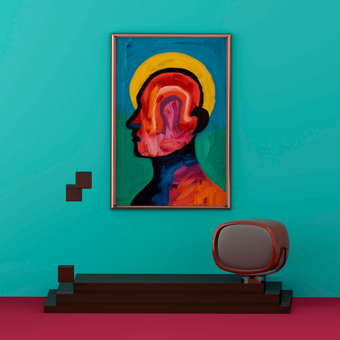 Abstract Profile Head With Neon Sunset Halo Colors Pop Art Poster - Image 2