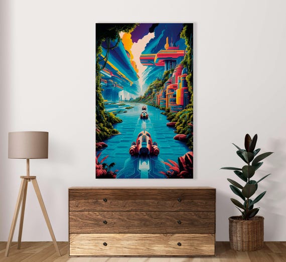 Futuristic Vehicles In River Landscape Poster Set Of 1 Jpg Image Scifi Decor Vibrant Colors Floating Town Illustration